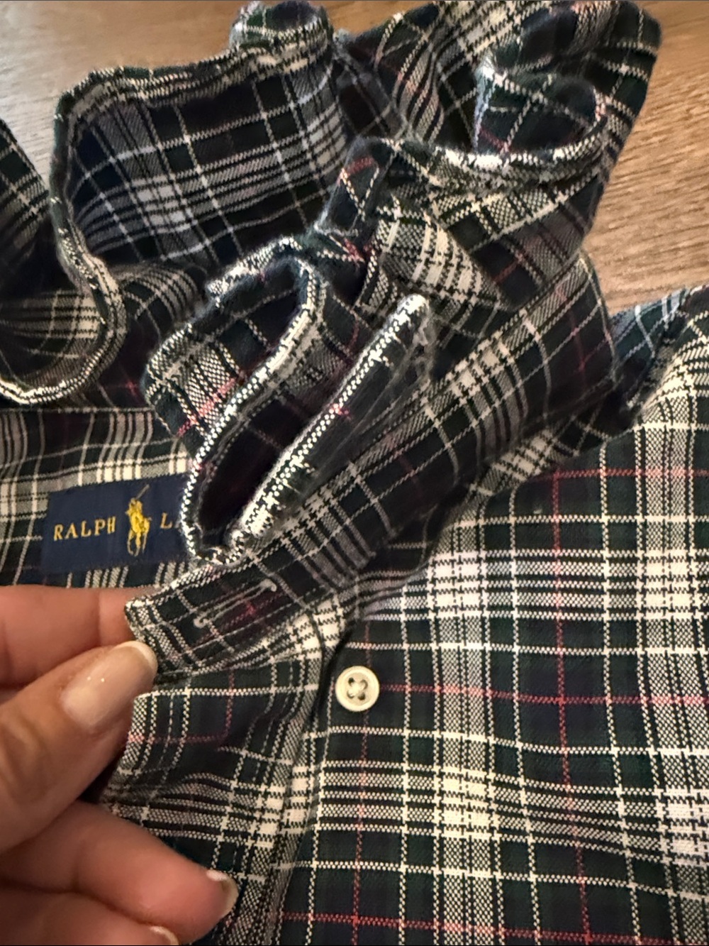 Upcycled Ralph Lauren Plaid Ruffle-Collar Button-Down Shirt - size large - Picture 3 of 9